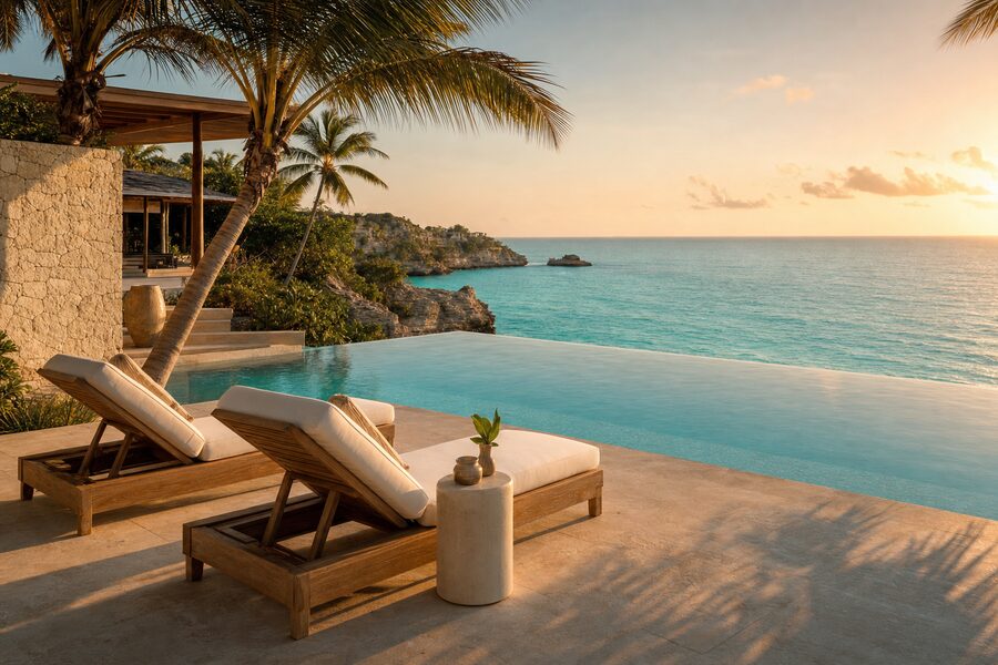 Sun loungers beside an infinity pool overlooking a turquoise sea at golden hour