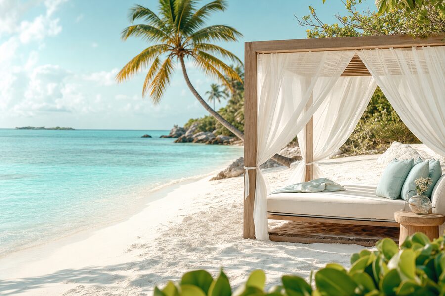 White-linen beach cabana on powder-white sand beside crystal-clear Caribbean water