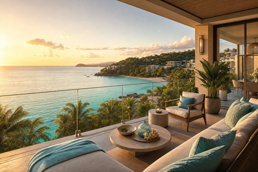 Luxury resort villa terrace overlooking a calm tropical bay at sunset